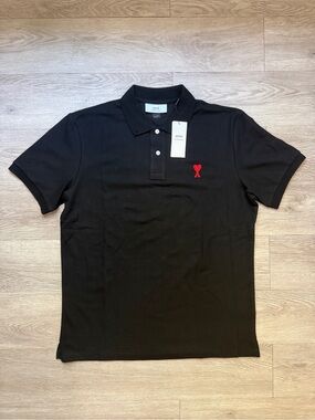 Ami Black Short-Sleeve Polo with Red Heart Emblem